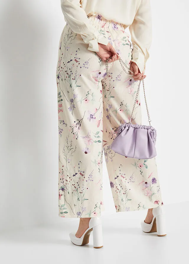 Pantalón de punto de crepé con estampado de flores Beige natural de flores