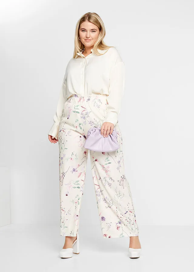 Pantalón de punto de crepé con estampado de flores Beige natural de flores
