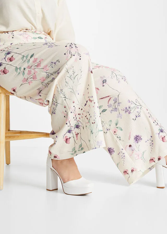 Pantalón de punto de crepé con estampado de flores Beige natural de flores