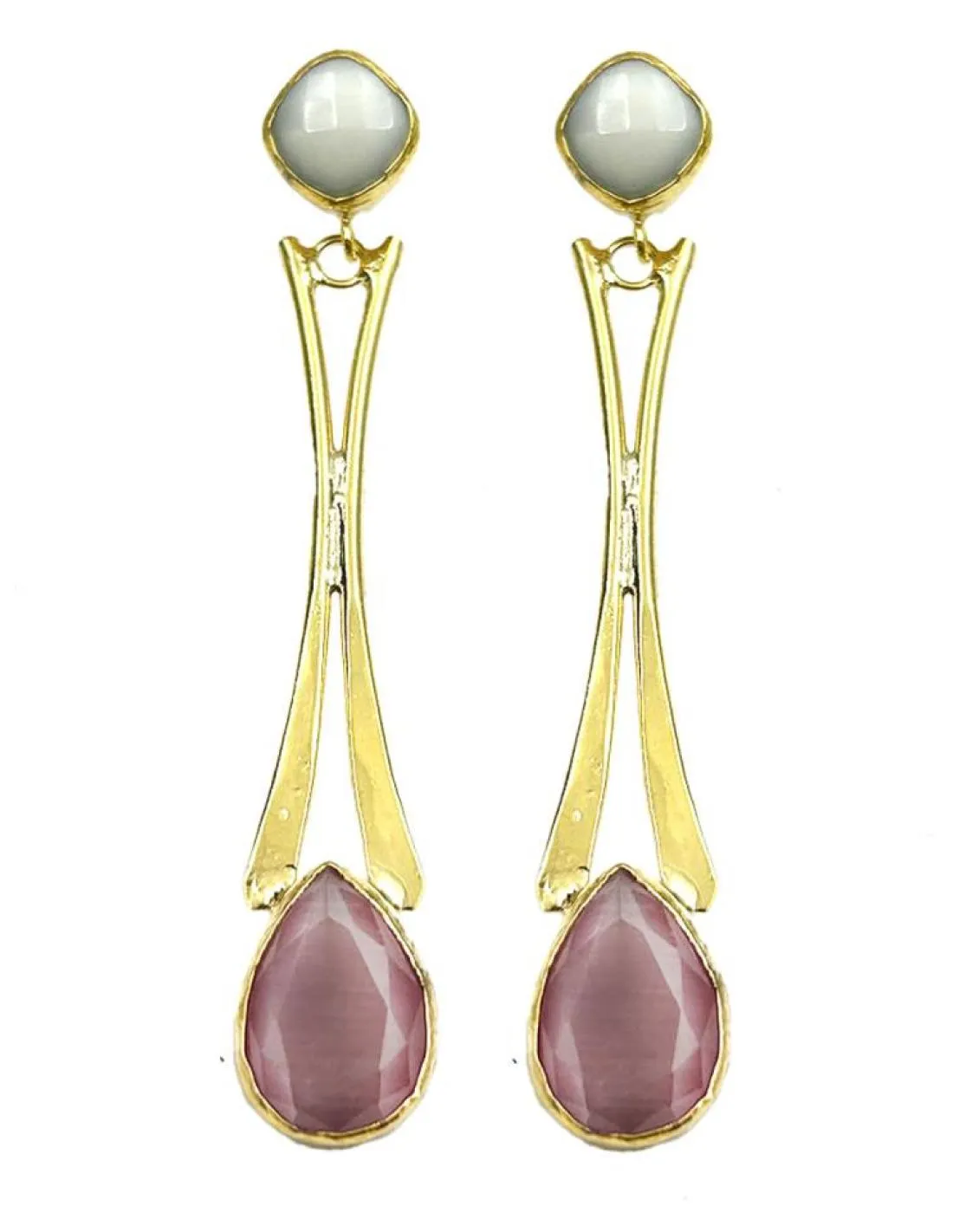 PENDIENTES LARGOS DORADOS DE PIEDRA ROSA Y BLANCA MUY FAVORECEDORES