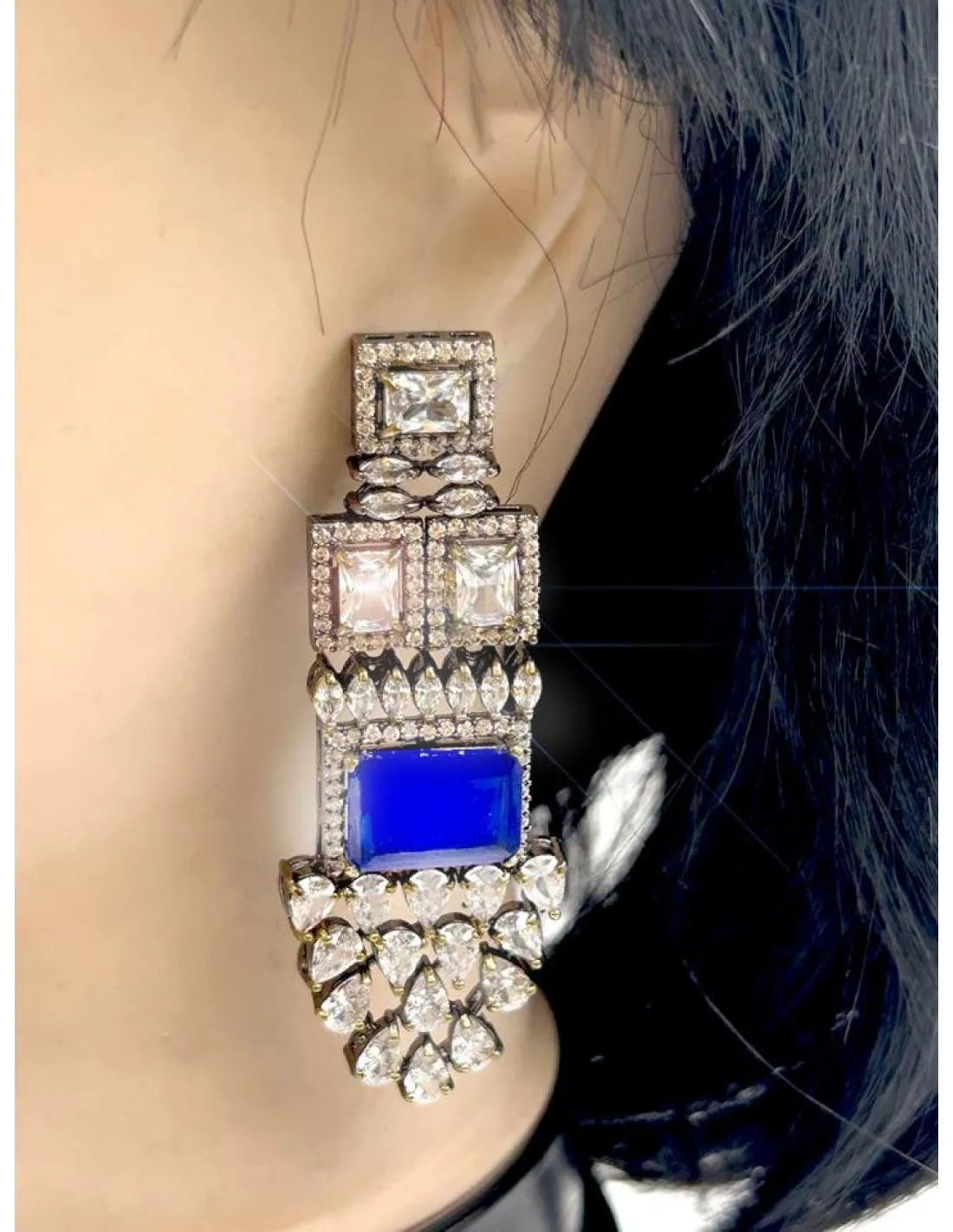 PENDIENTES LARGOS JOYA Y PIEDRA AZUL PARA BODAS DE NOCHE Y EVENTOS