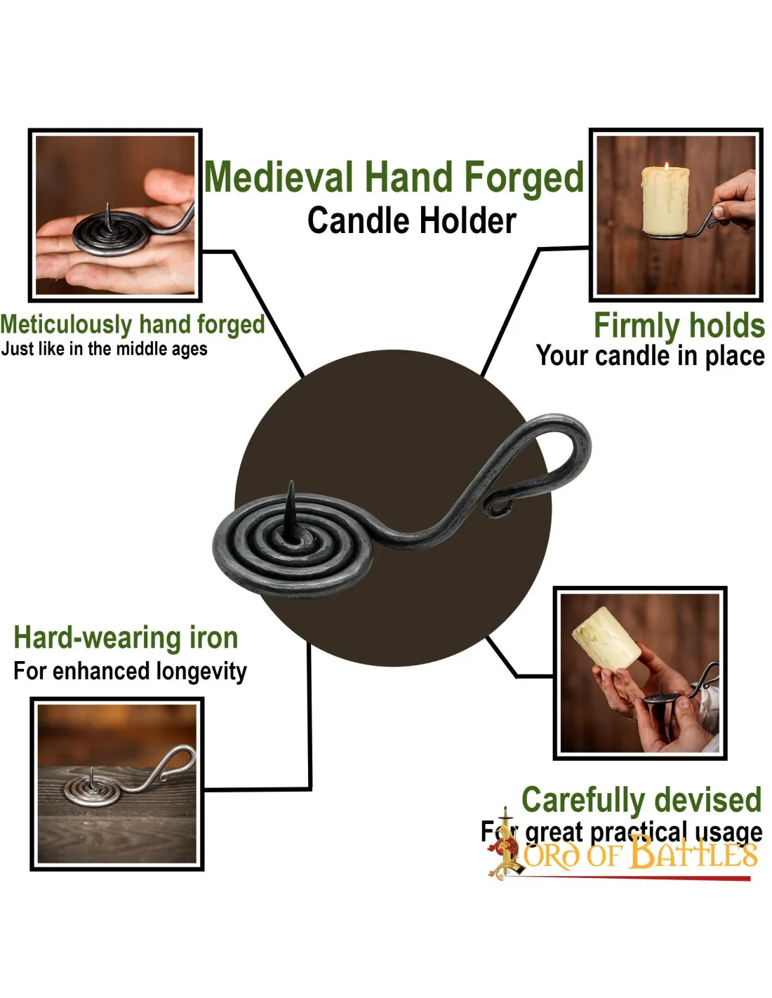 PortaVelas medieval de mano en hierro forjado (12 cm.)
