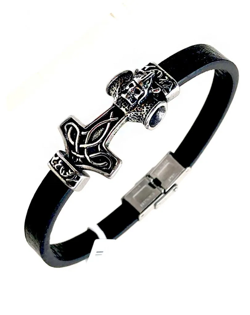 PULSERAS DE CUERO HOMBRE CON MARTILLO DE THOR EN ACERO ENVEJECIDO