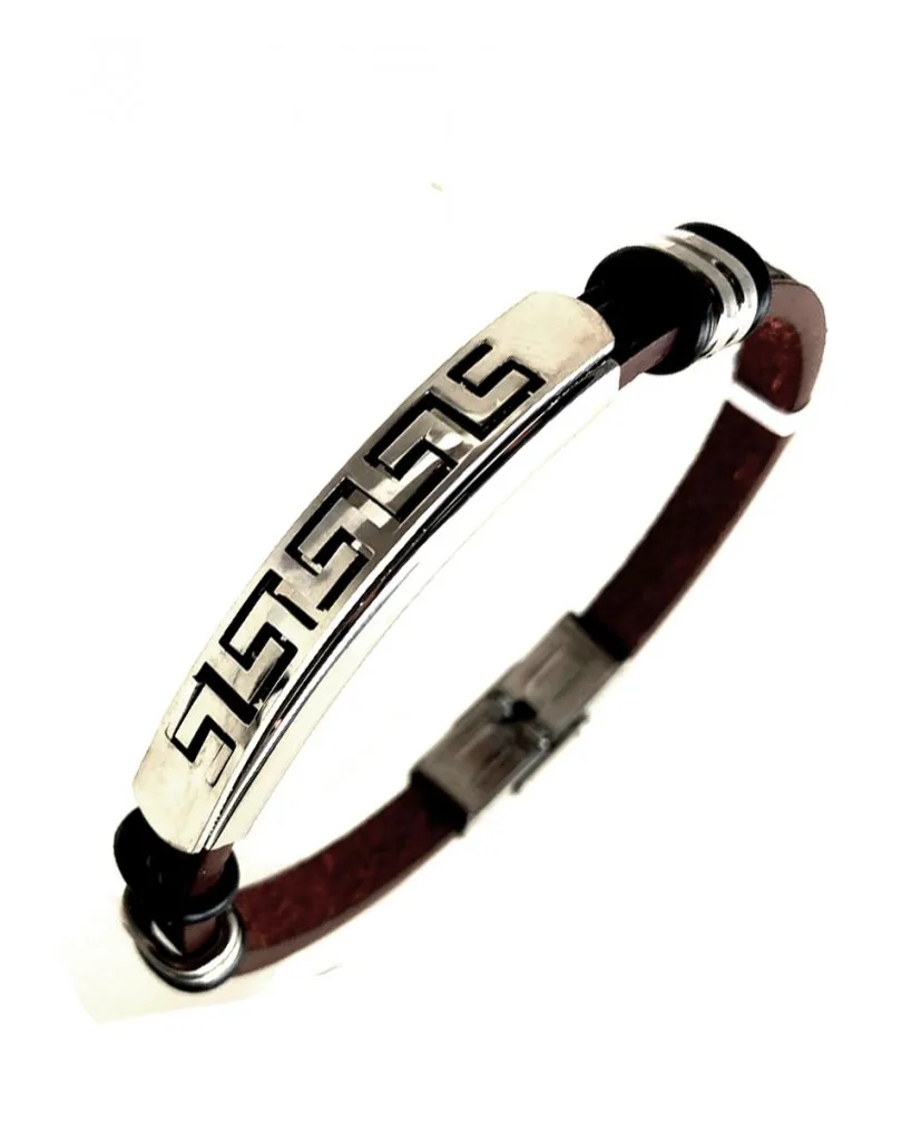 PULSERAS DE  CUERO Y ACERO PARA HOMBRE DECORADAS CON GRECA