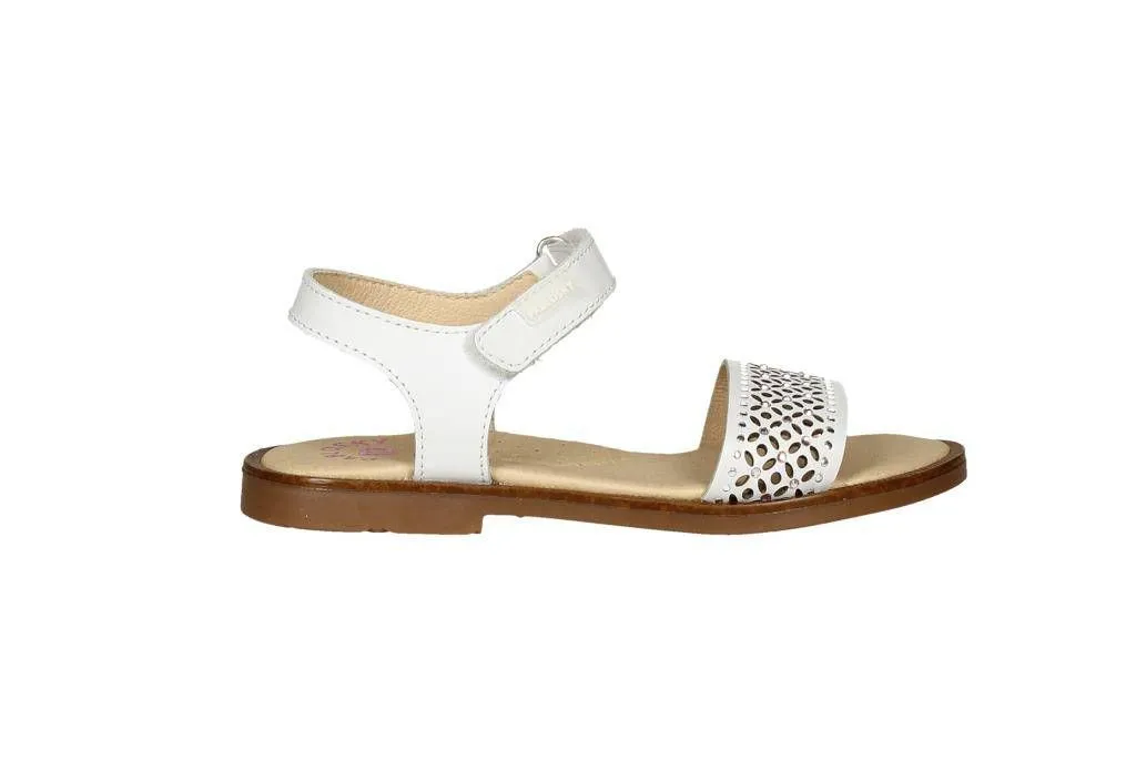 Sandalia Piel Blanca Velcro Pala Flores/brillantes y Tachas