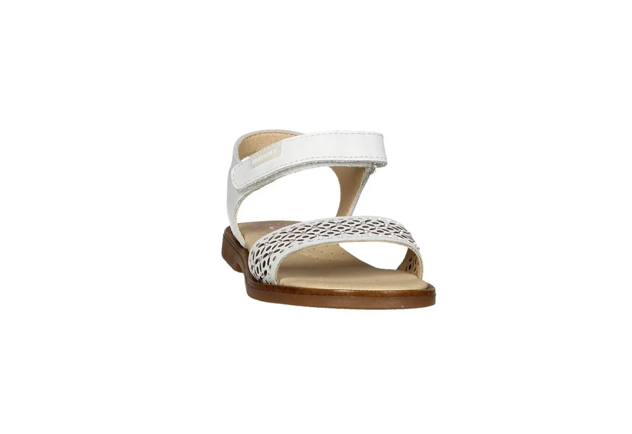 Sandalia Piel Blanca Velcro Pala Flores/brillantes y Tachas