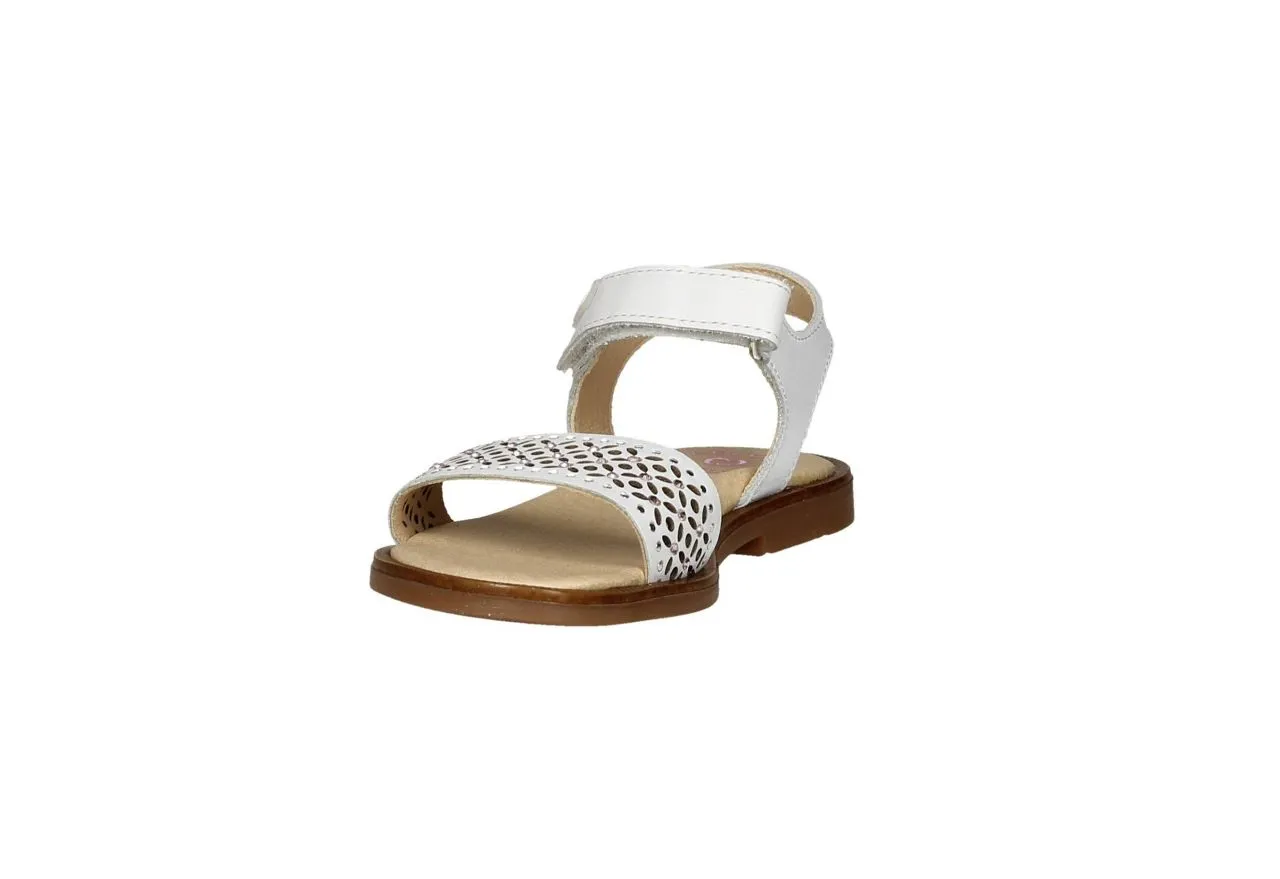 Sandalia Piel Blanca Velcro Pala Flores/brillantes y Tachas