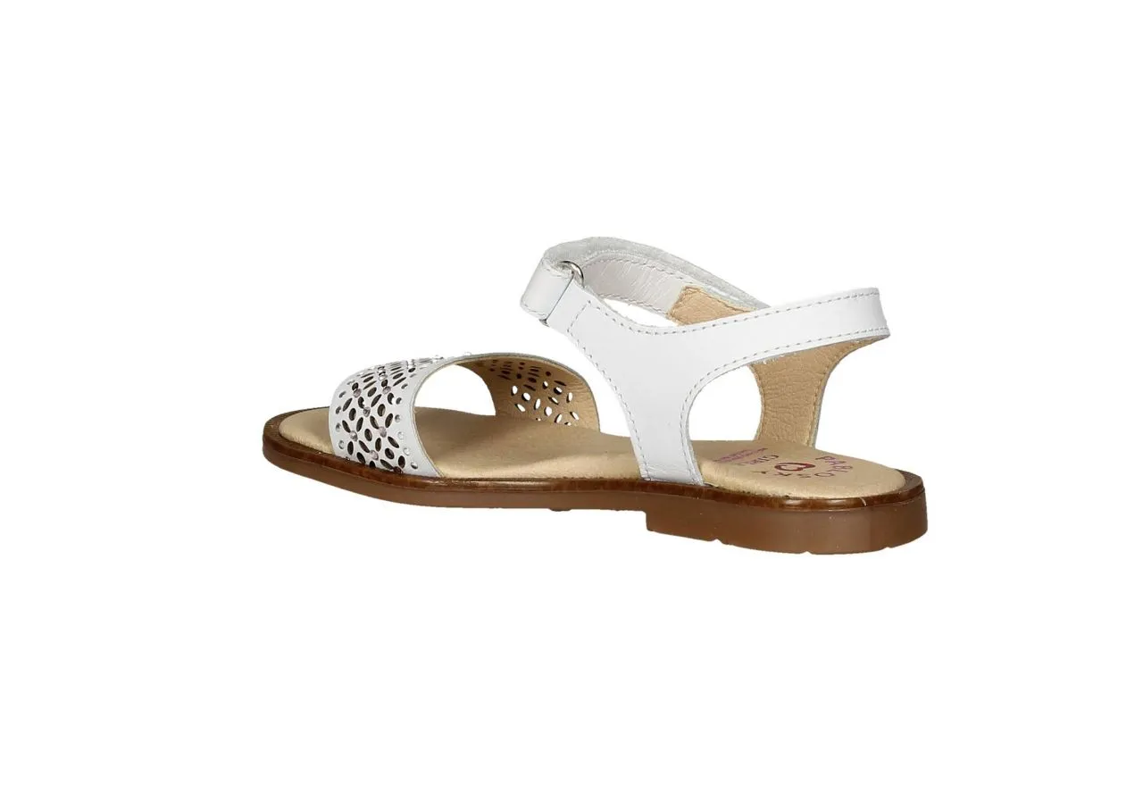 Sandalia Piel Blanca Velcro Pala Flores/brillantes y Tachas