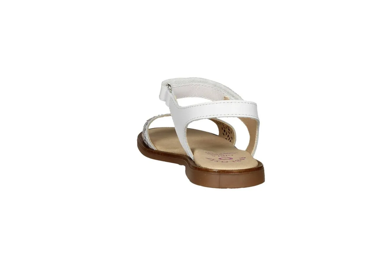 Sandalia Piel Blanca Velcro Pala Flores/brillantes y Tachas