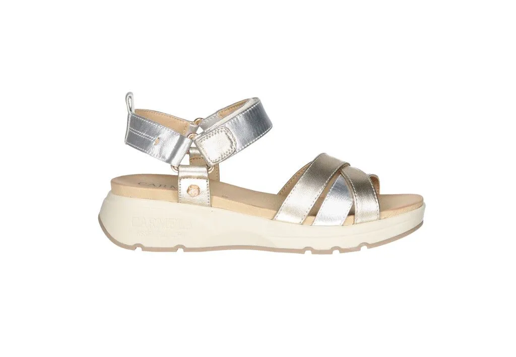 Sandalia Piel Velcro Plata/oro Tiras Cruzadas Piso Goma