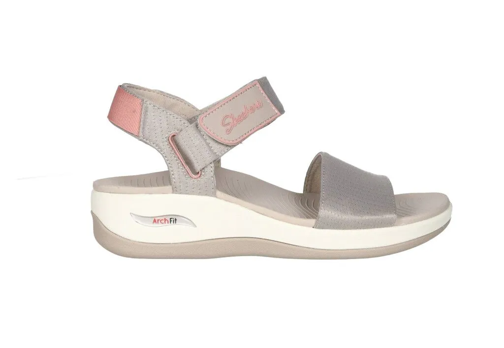 Sandalia Velcro Nylon Taupe 3 Tiras Talon Rosa CuÑa Baja