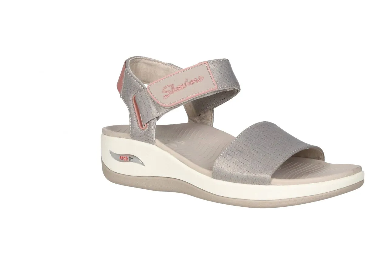Sandalia Velcro Nylon Taupe 3 Tiras Talon Rosa CuÑa Baja
