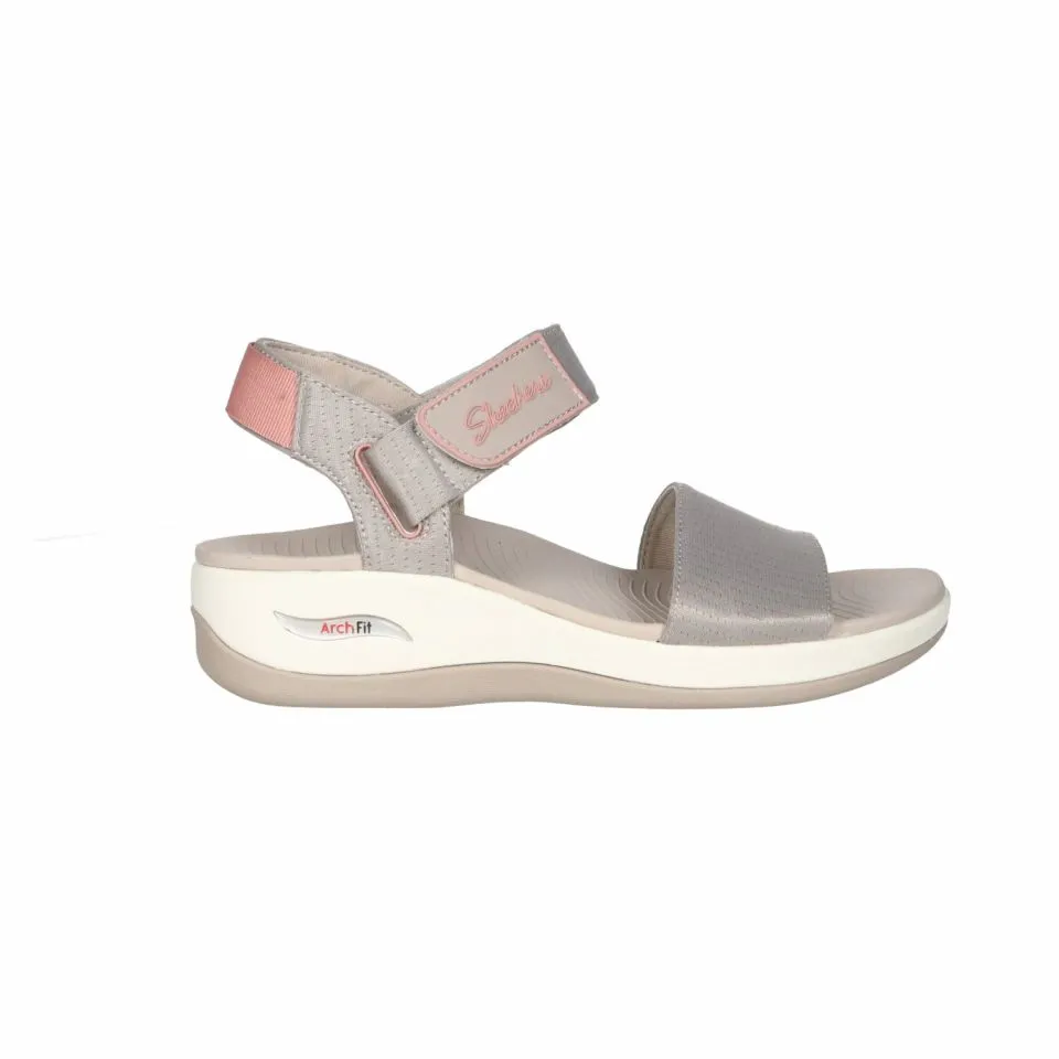 Sandalia Velcro Nylon Taupe 3 Tiras Talon Rosa CuÑa Baja