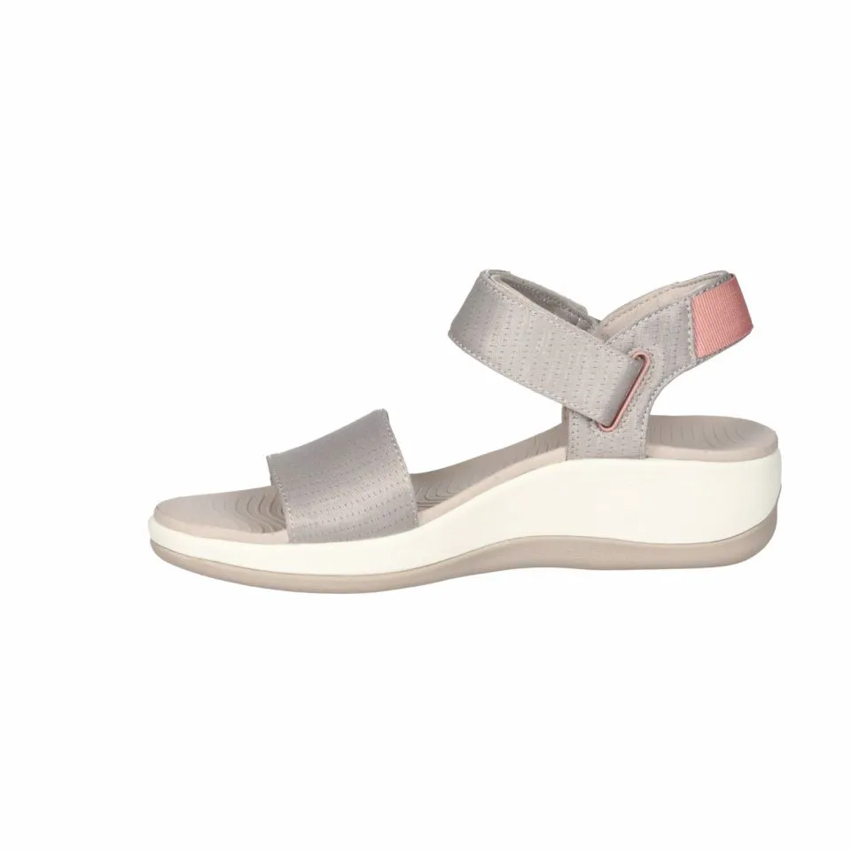 Sandalia Velcro Nylon Taupe 3 Tiras Talon Rosa CuÑa Baja