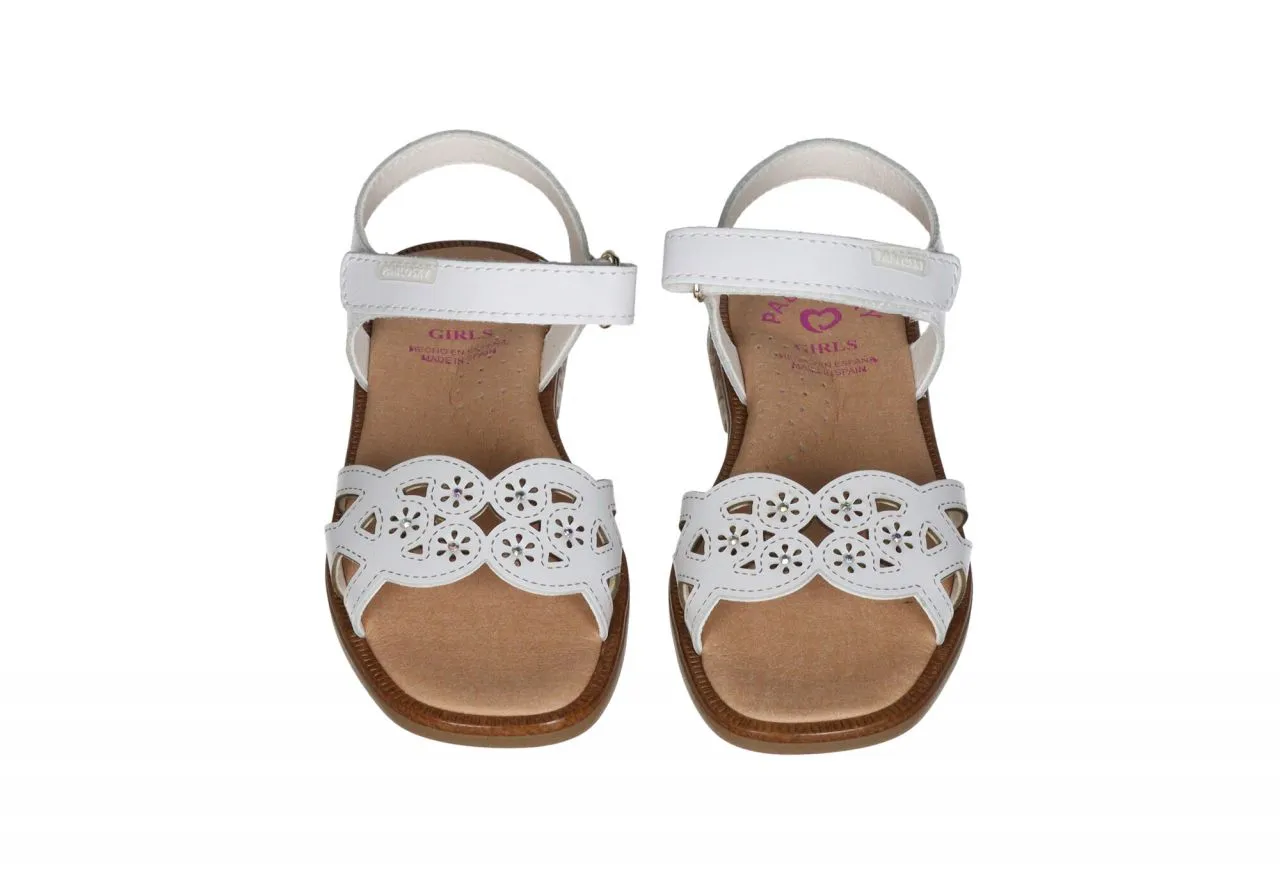 Sandalia Velcro Piel Blanco Pala Tira Calados y Brillantes