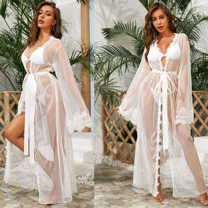 Sexy Sleepwear See Through Mesh Nightgown Bridal Lace Gown Long Dress Swimsuit Cover Up Lingerie Robe