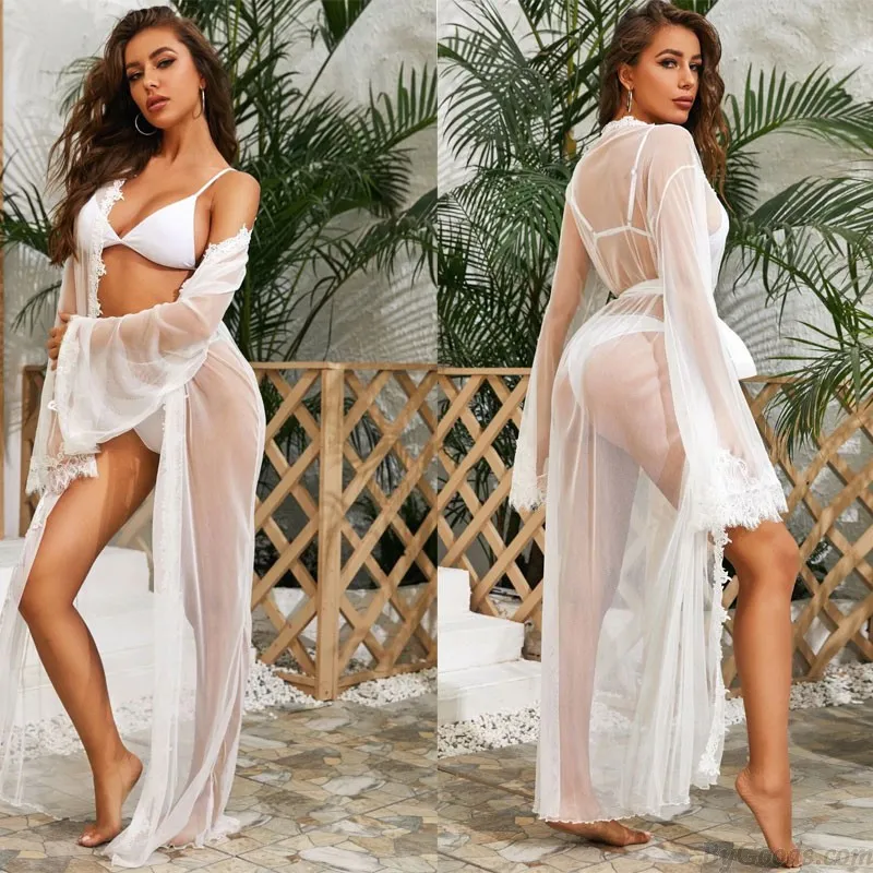 Sexy Sleepwear See Through Mesh Nightgown Bridal Lace Gown Long Dress Swimsuit Cover Up Lingerie Robe