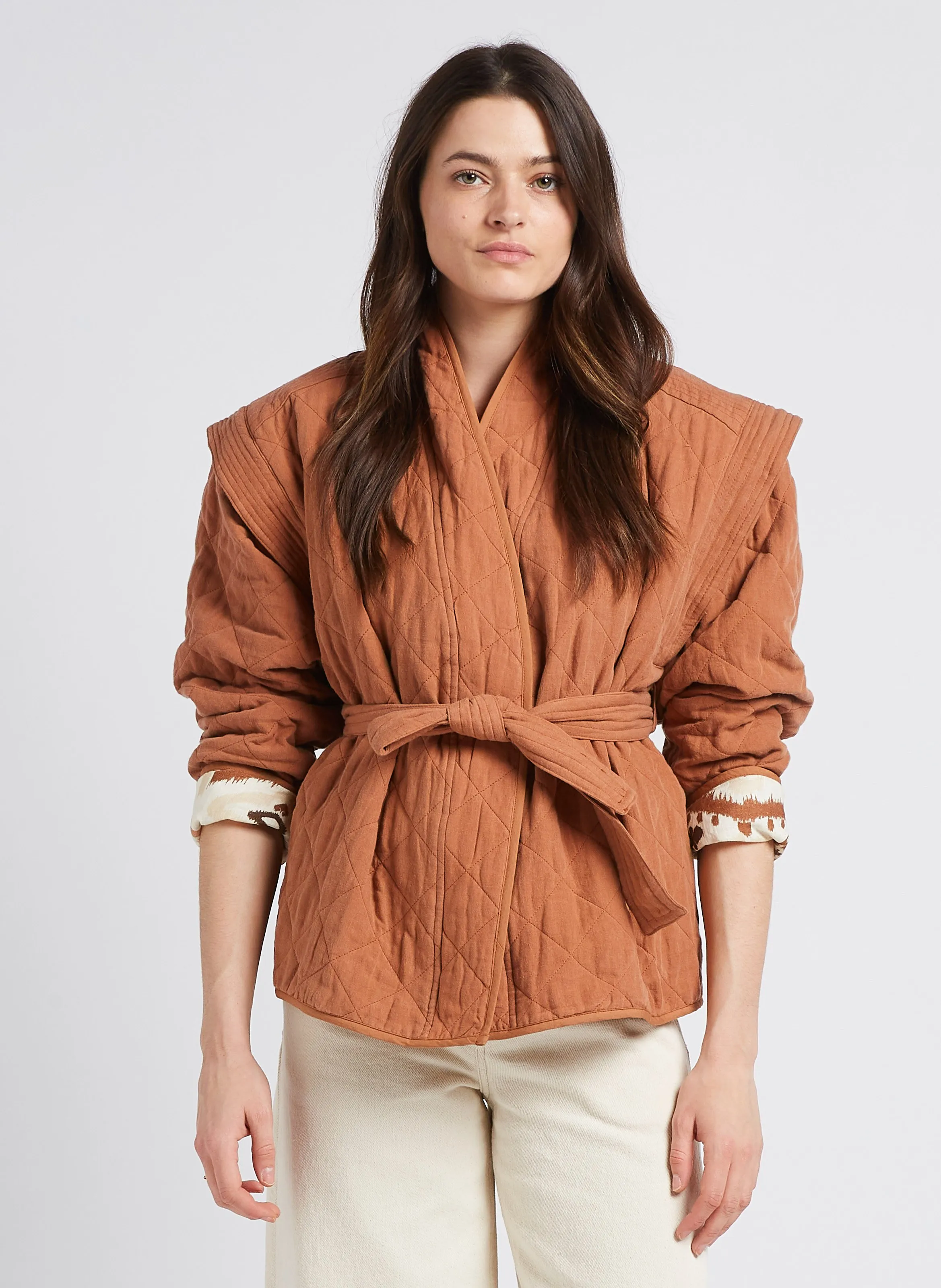 THE NEW SOCIETY WEST  CHAQUETA CORTA REVERSIBLE DE LINO ACOLCHADO EN MARRON