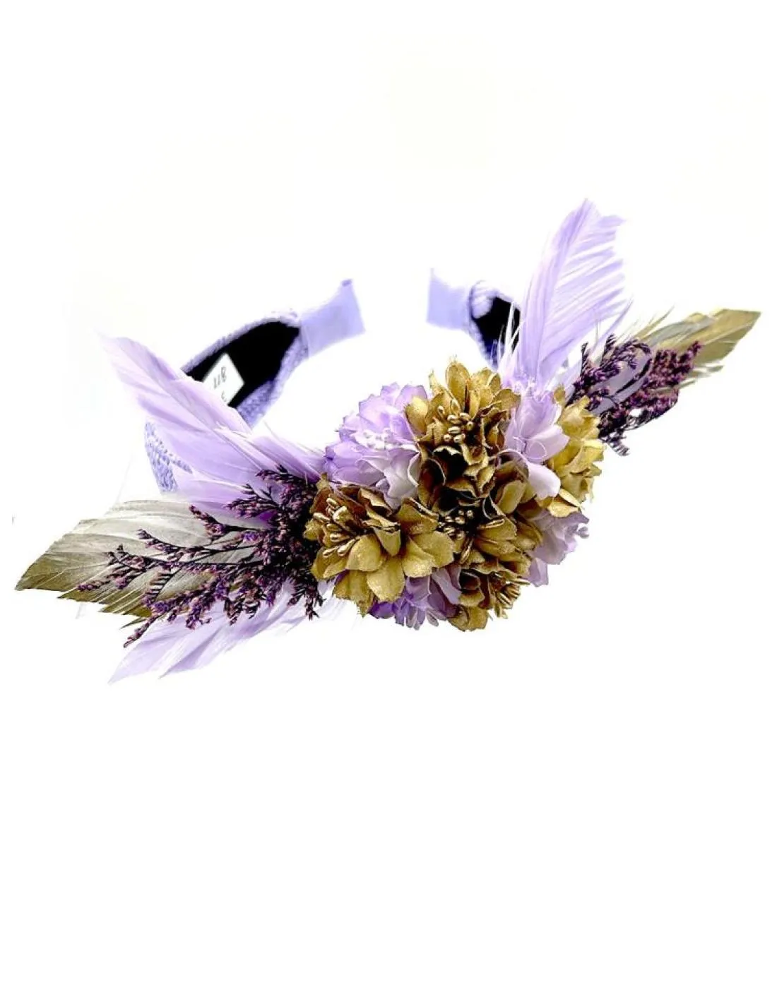 TOCADOS MORADOS LILA DIADEMAS DE FLORES Y PLUMAS PARA BODAS Y EVENTOS