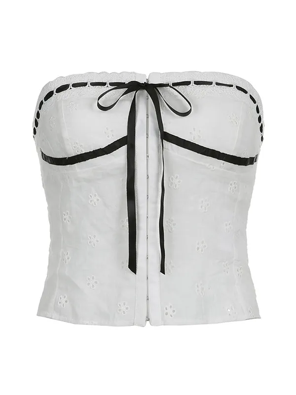 Top bandeau de encaje bordado con lazo