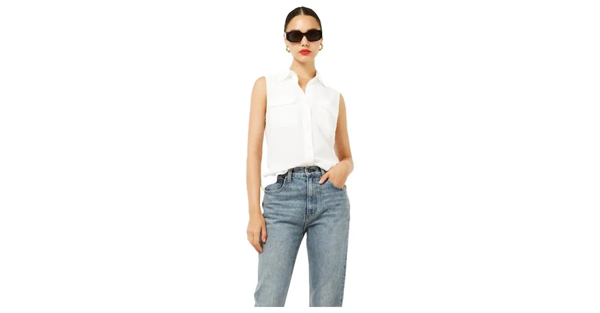 Top sin mangas slim de seda de firma Equipment Blanco 