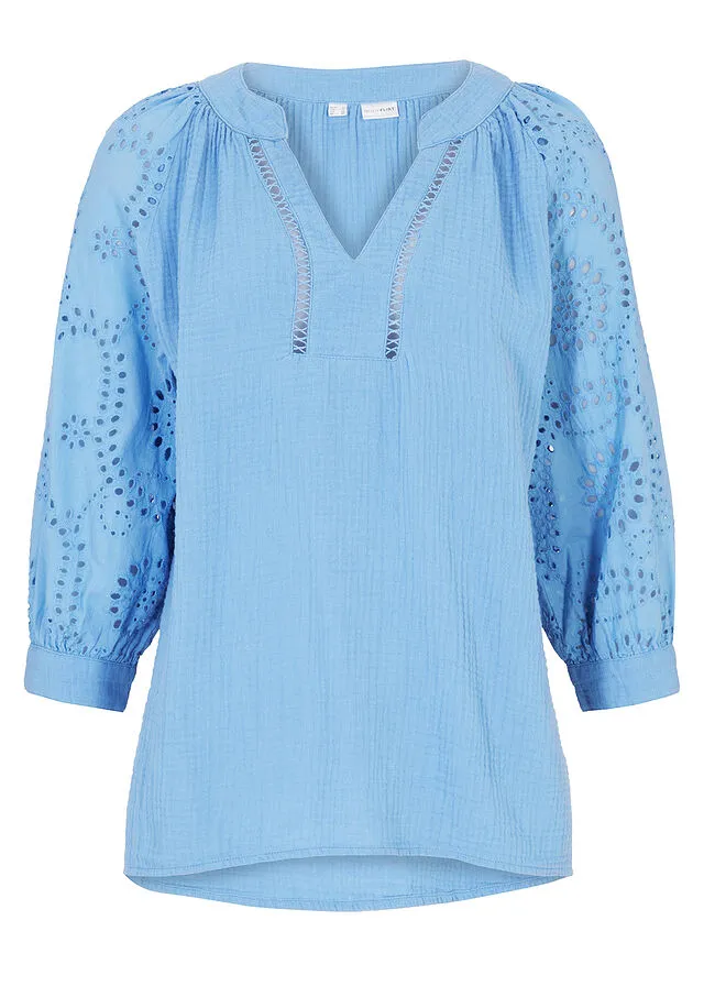 Túnica de muselina con bordado calado azul provenzal