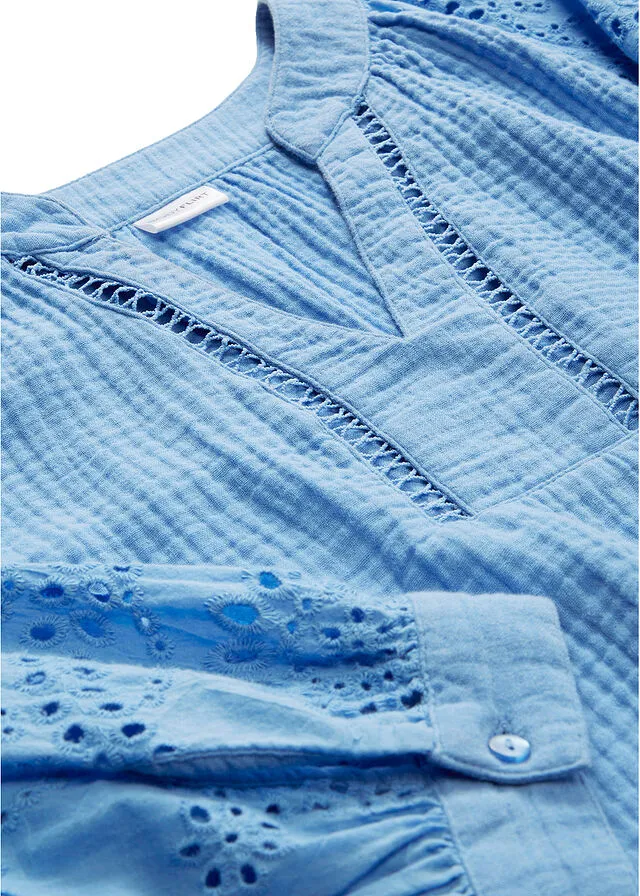 Túnica de muselina con bordado calado azul provenzal