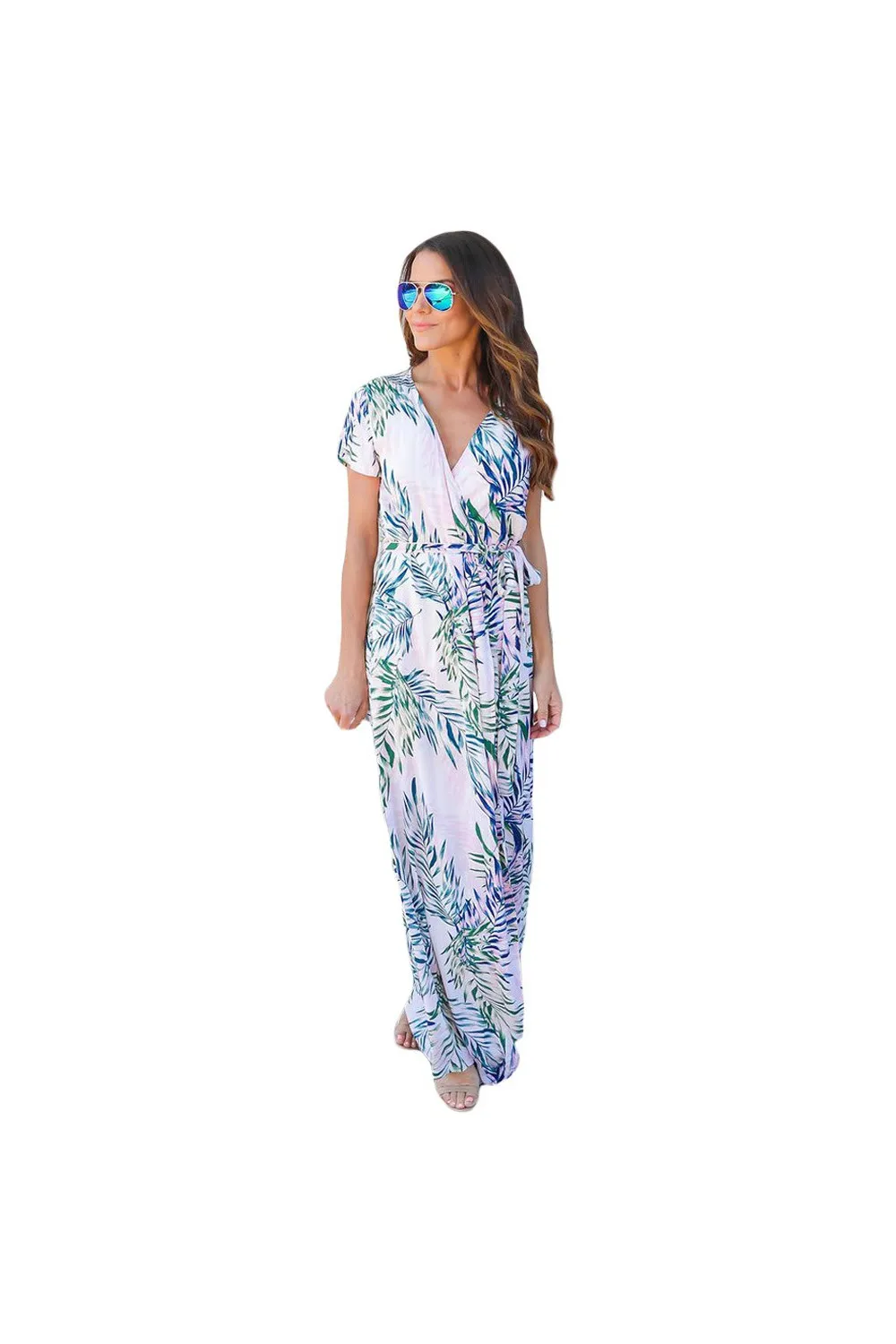 Vestido cruzado largo blanco con estampado tropical