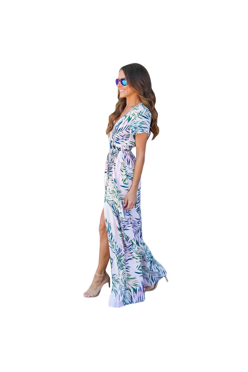 Vestido cruzado largo blanco con estampado tropical