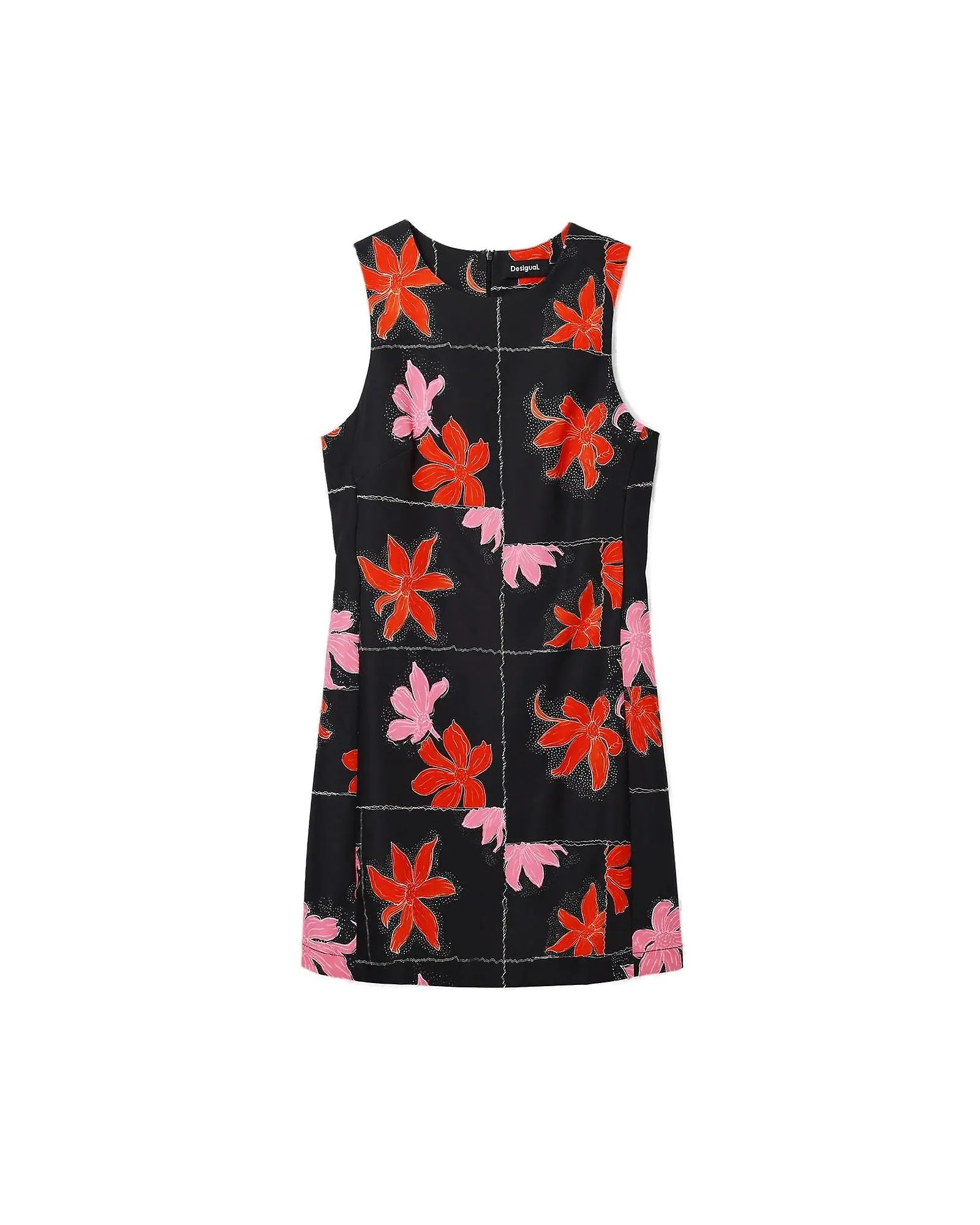 Vestido Floral Desigual Cuello Redondo con Cierre de Cremallera