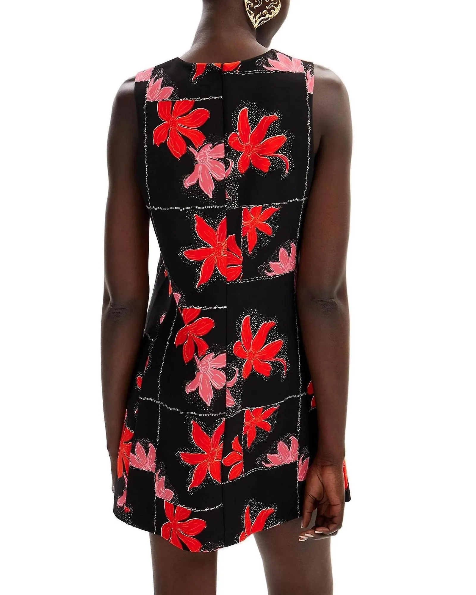 Vestido Floral Desigual Cuello Redondo con Cierre de Cremallera