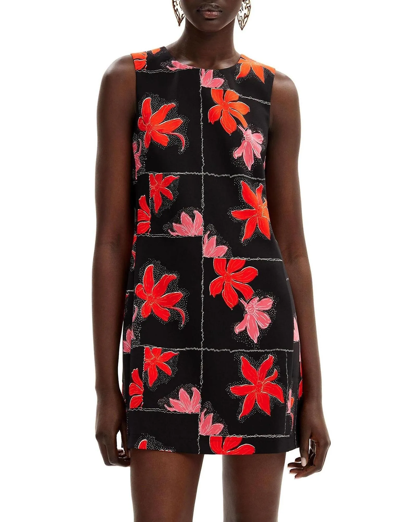Vestido Floral Desigual Cuello Redondo con Cierre de Cremallera