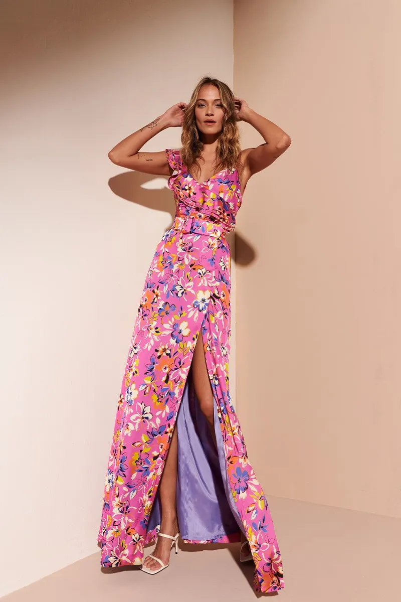 Vestido Largo con Volantes Rosa con estampado de flores Sienna