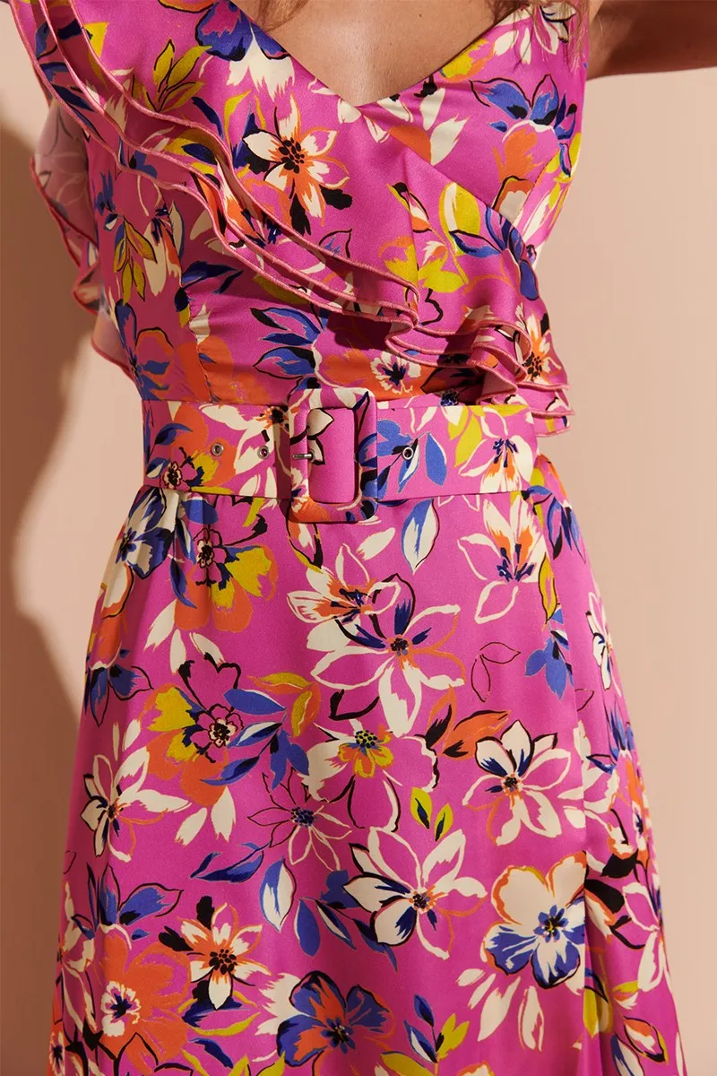 Vestido Largo con Volantes Rosa con estampado de flores Sienna