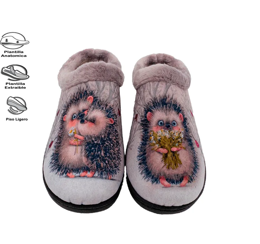 ZAPATILLA ROAL R12213 PLANTILLA PLUMAFLEX DE CASA CÓMODA PARA MUJER TEXTIL ROSA PANTUFLA ADORNO SERIGRAFÍA ERIZOS 27937